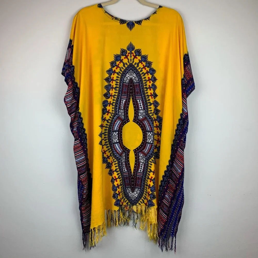 Tribal Inspired Yellow‎ Coverup Dress w/ Fringe OS